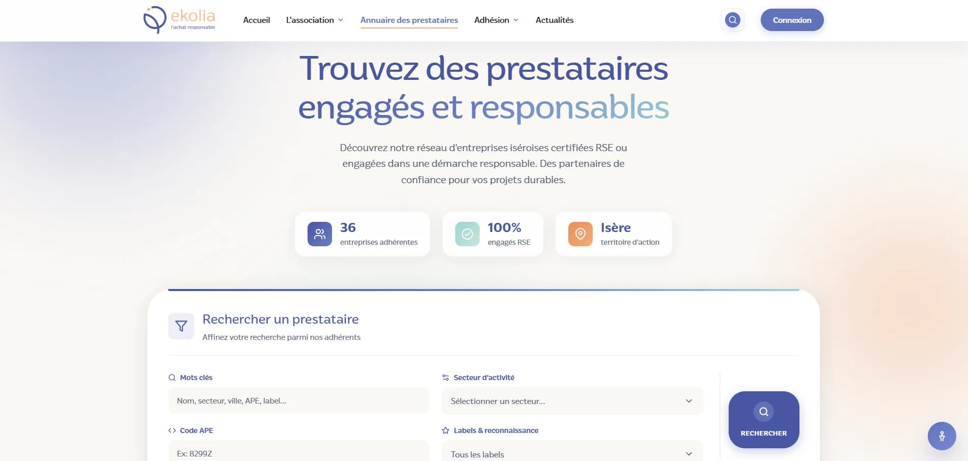 Vue desktop de l'annuaire Ekolia
